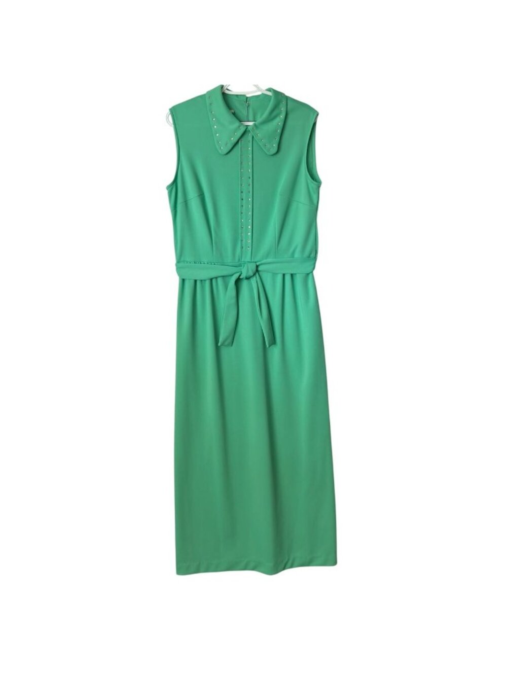 Vintage Womens Green Sleeveless Maxi Dress W/ Studded Collar & Belt - Picture 4 of 16